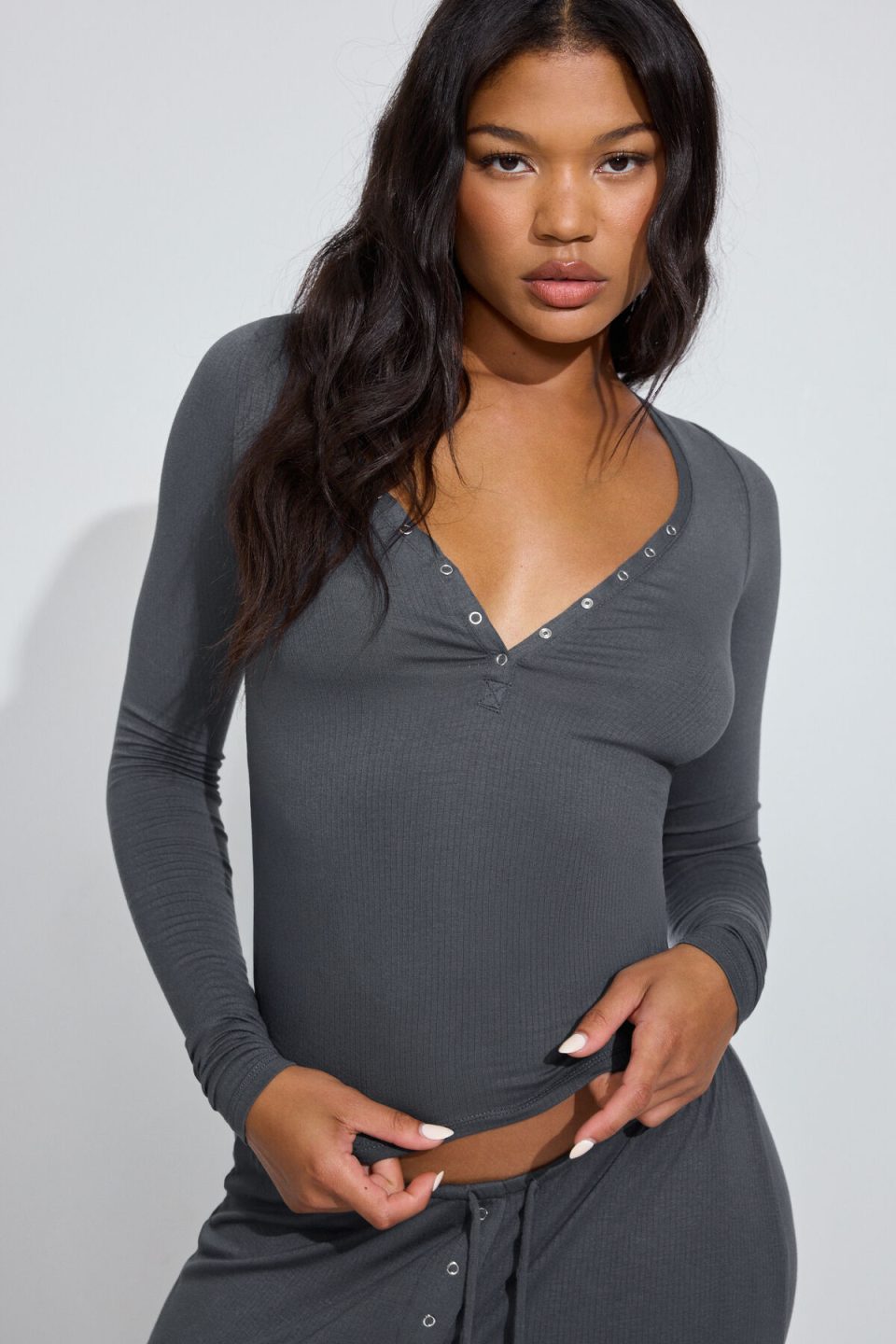 Sheer Ribbed Henley Long Sleeve Top