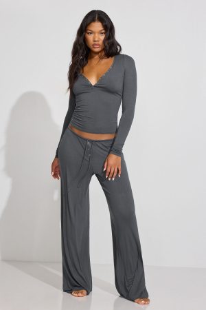 Sheer Ribbed Henley Long Sleeve Top