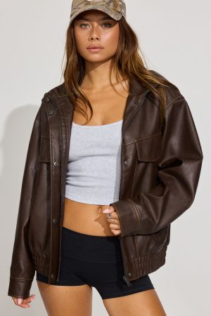 Oversized Faux Leather Stand Collar Bomber